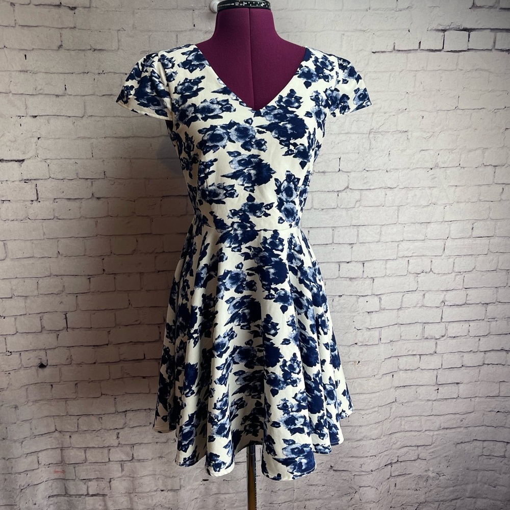 Lulus size small cream and blue floral skater dress fit and flare